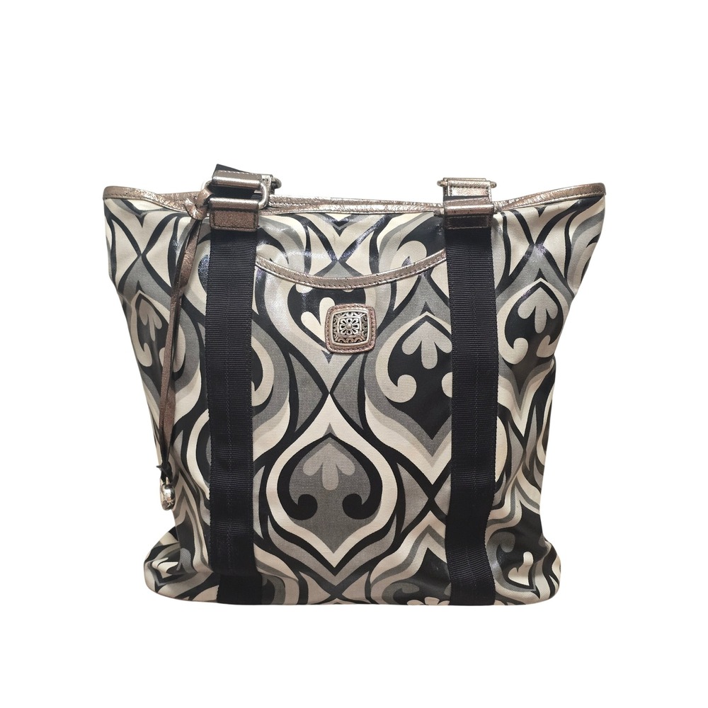 Brighton Coated Canvas Tote Bag Scroll Damask Print Bronze Trim